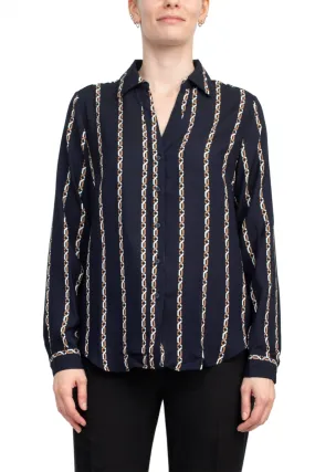 Joan Vass NY Collared V-Neck Button Down Button Cuffed Long Sleeve Back Yoke Printed Woven Top