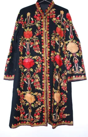 Kashmiri Woolen Coat Black, Multicolor Embroidery #AO-137