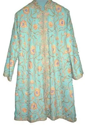 Kashmiri Woolen Coat Turquoise, Multicolor Embroidery #AO-113