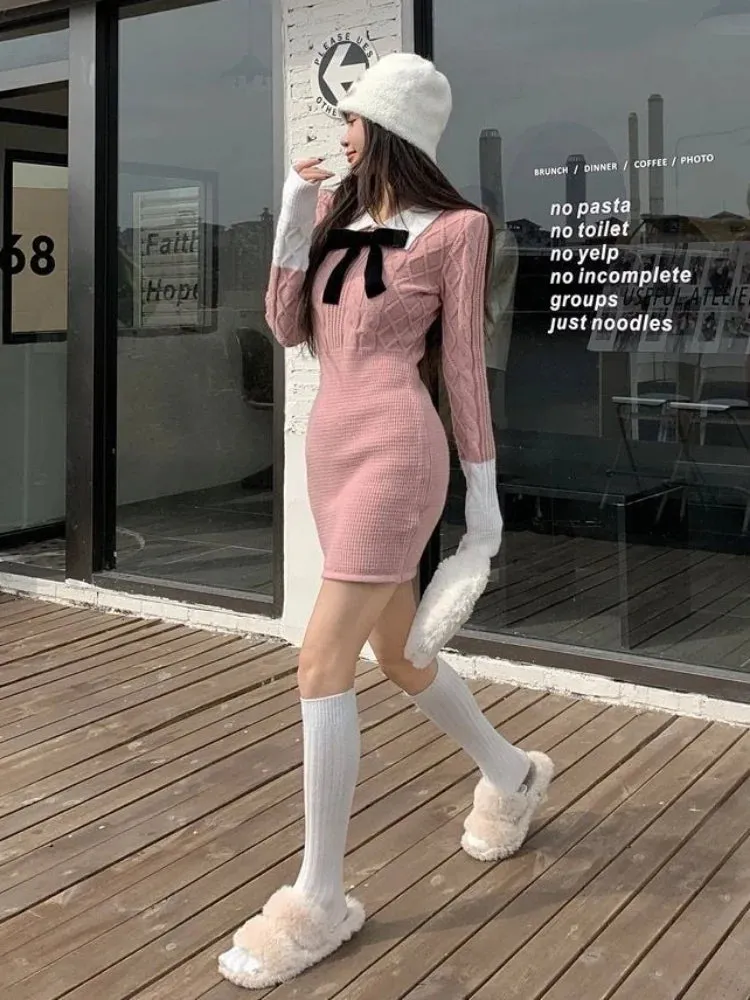 Kawaii Knit Knitted Sweater Pink Mini Dress School Student Preppy Style Japanese Cute Polo Bodycon Short Dresses