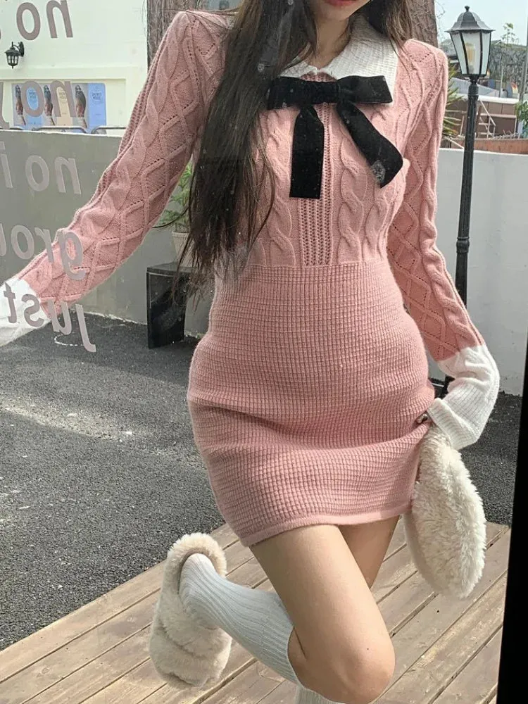 Kawaii Knit Knitted Sweater Pink Mini Dress School Student Preppy Style Japanese Cute Polo Bodycon Short Dresses