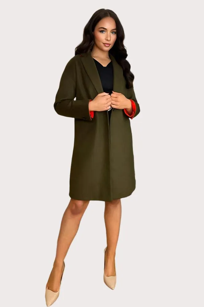 Khaki Contrast Lining Wool Effect Pea Coat