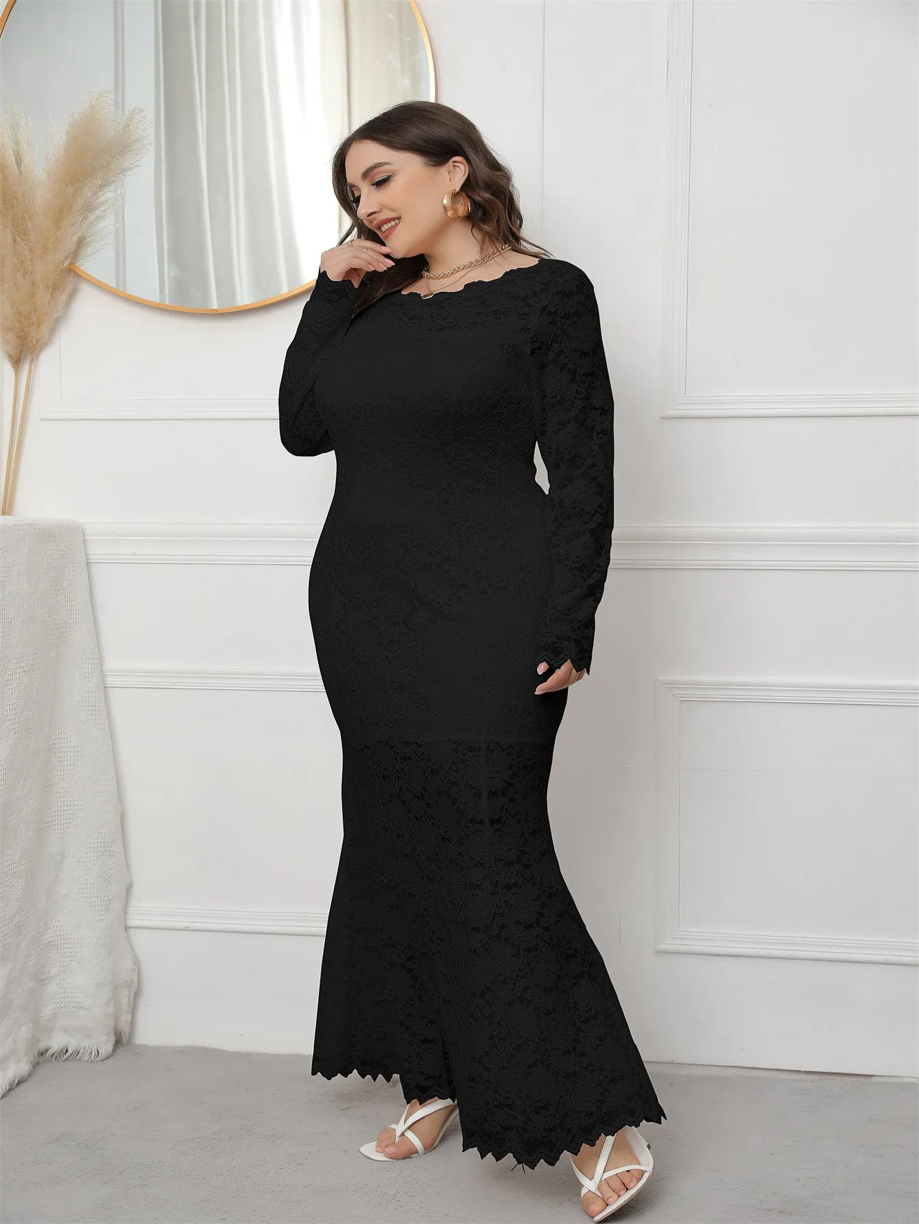 KittenAlarm - Plus Size Long Sleeve Mermaid Lace Evening Dress HIGH ELASTIC TRUE TO SIZE