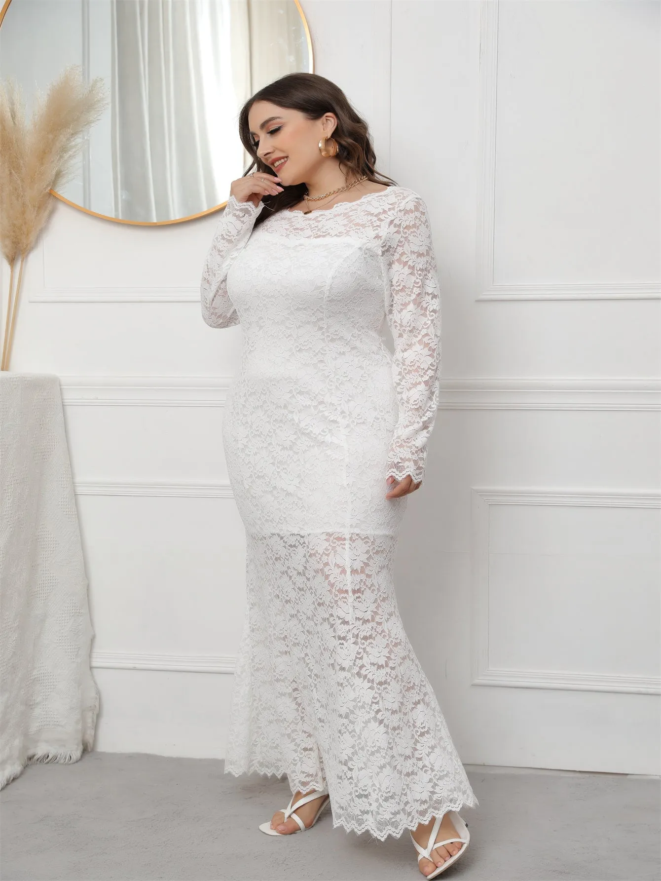 KittenAlarm - Plus Size Long Sleeve Mermaid Lace Evening Dress HIGH ELASTIC TRUE TO SIZE