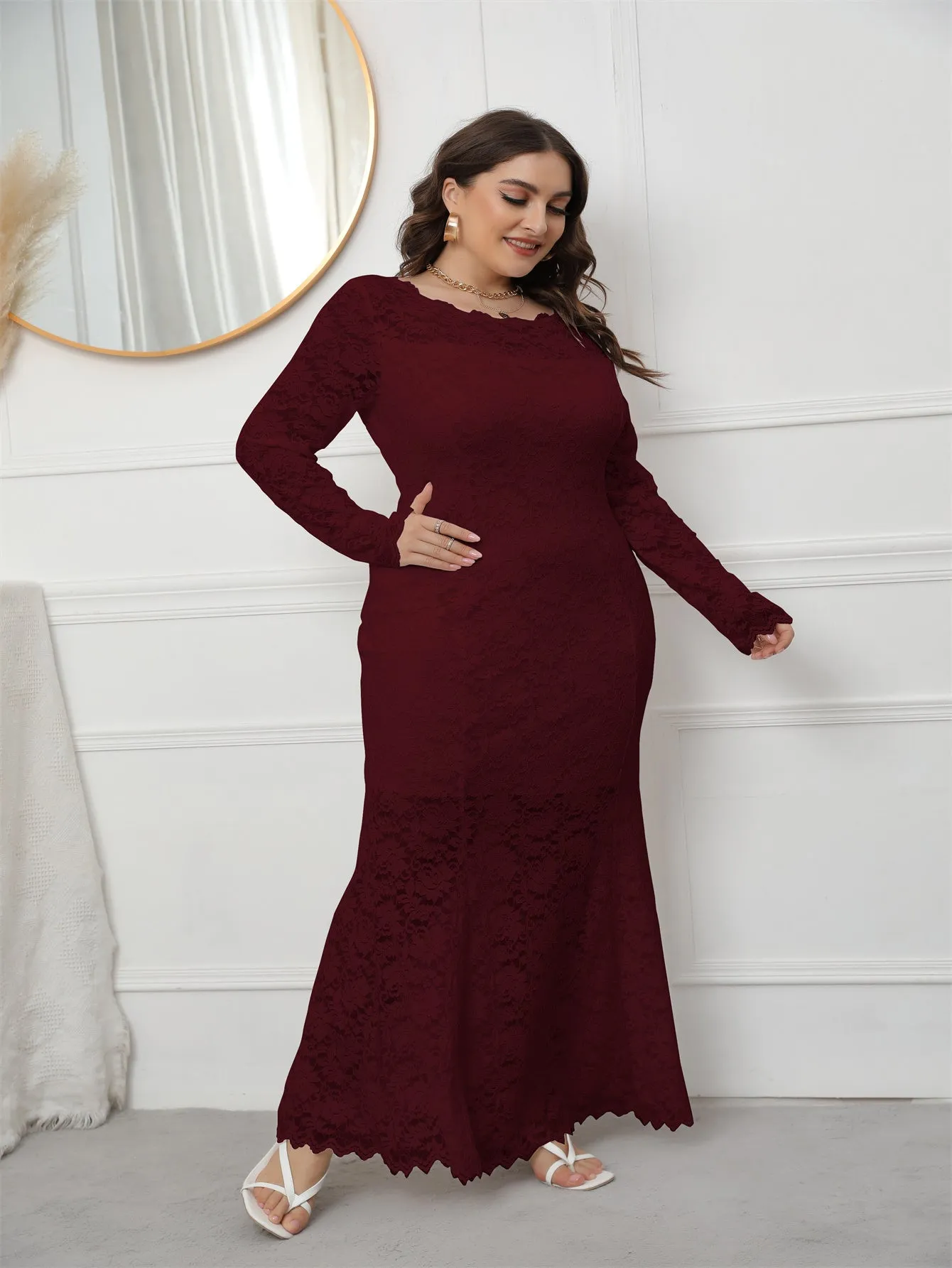 KittenAlarm - Plus Size Long Sleeve Mermaid Lace Evening Dress HIGH ELASTIC TRUE TO SIZE