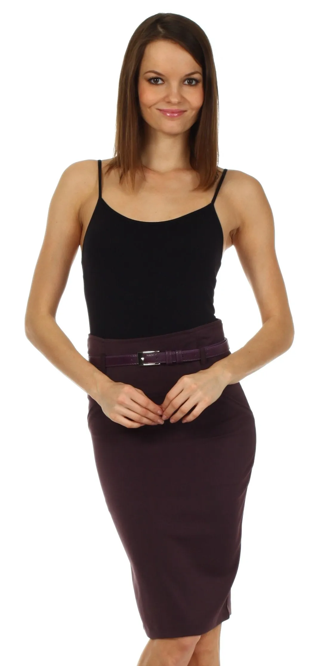 Knee Length High Waist Stretch Pencil Skirt with Skinny Belt