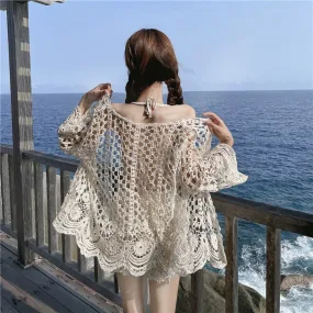 Korean Style Lace Cutout Summer Beach Set' - Ethnic Romantic Hot Spring Suit