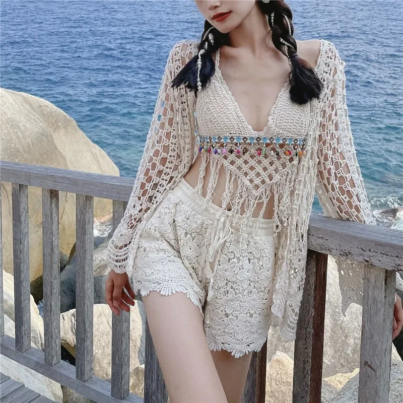 Korean Style Lace Cutout Summer Beach Set' - Ethnic Romantic Hot Spring Suit