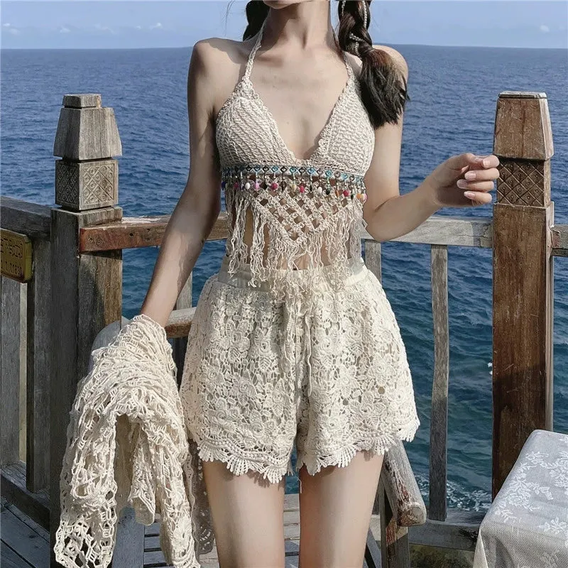 Korean Style Lace Cutout Summer Beach Set' - Ethnic Romantic Hot Spring Suit