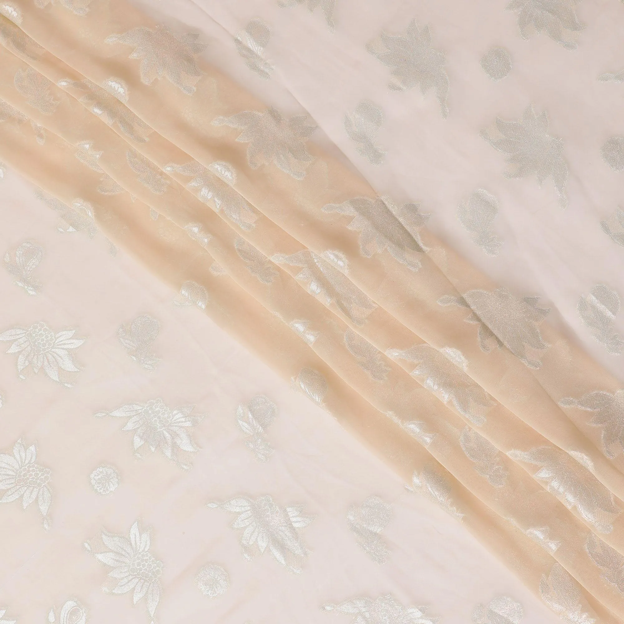 Light peach synthetic chiffon fabric with grey viscose and copper metallic lurex in floral design-D11888