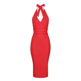 Lipstick Red Wrap Top Halterneck Wiggle Pencil Dress