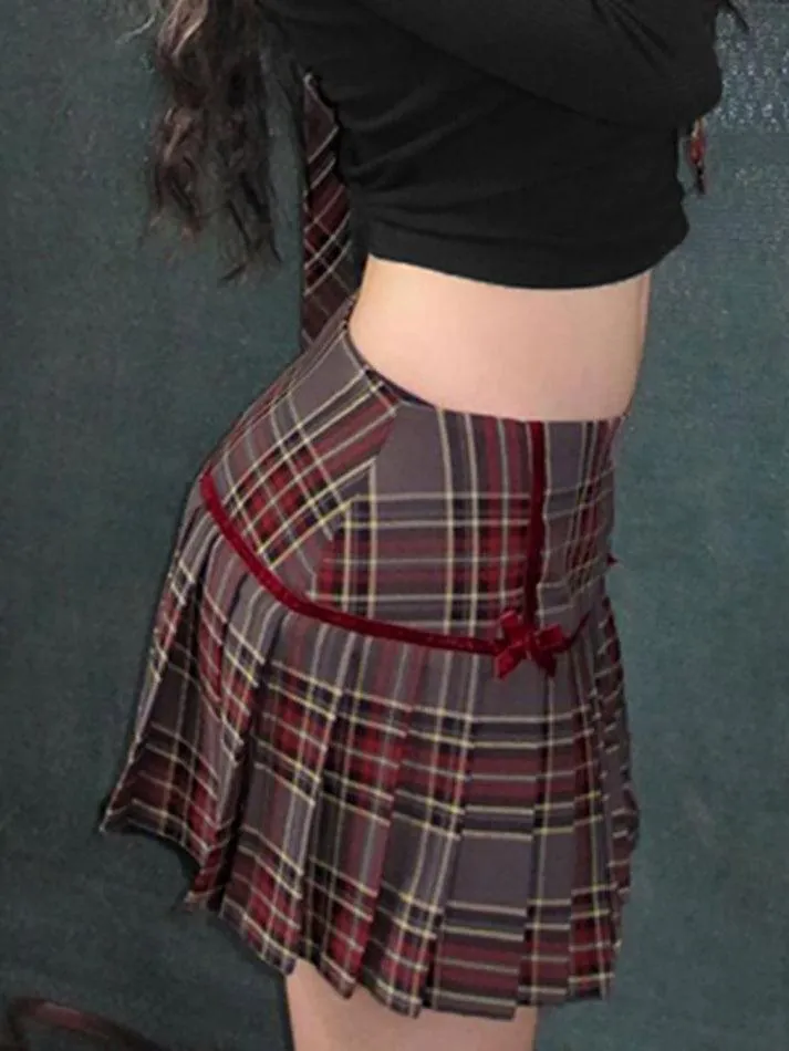 Low Rise Plaid Bow Accent Mini Pleat Skirt