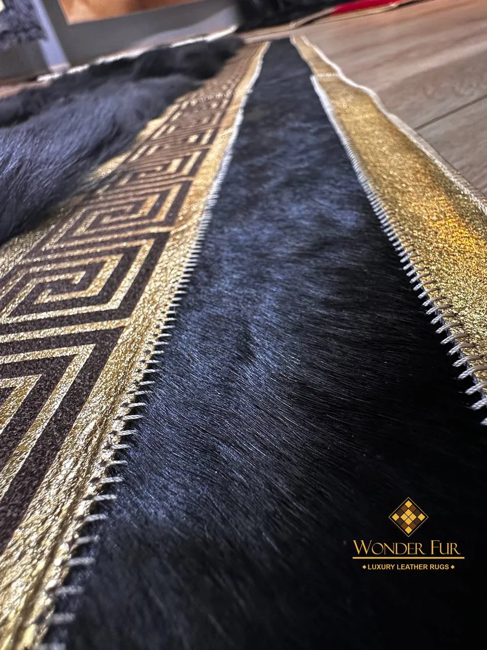 Luxury Handmade Black Natural Sheepskin Runner Rug , Patchwork Carpet