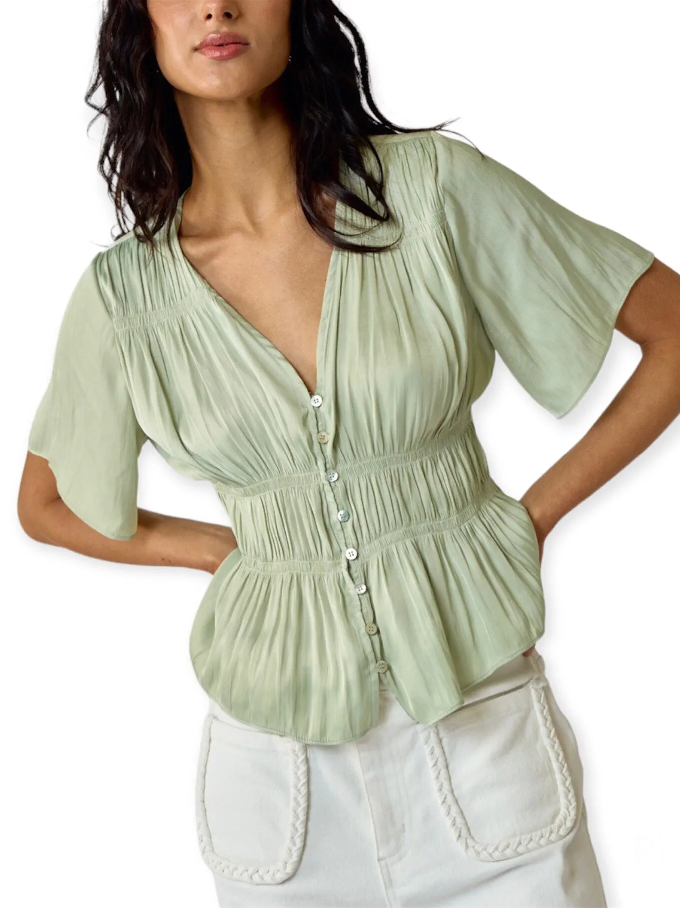 Lyra Sage Satin Button-Down Blouse