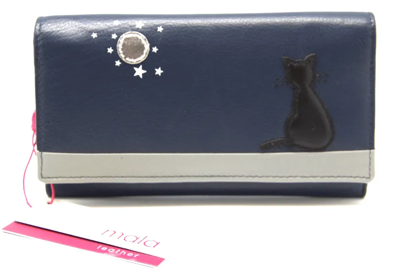 Mala Leather Navy Blue Midnight Black Cat Purse