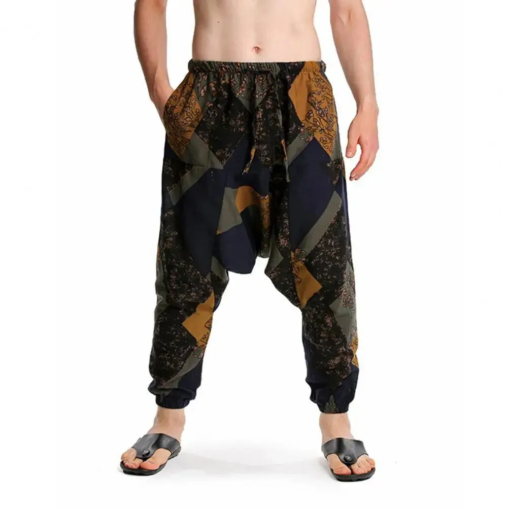 Men Baggy Boho Gypsy Cargo Pants Fashion Print Large Crotch Ankle Tied Streetwear Bottoms Trousers Boho Pants