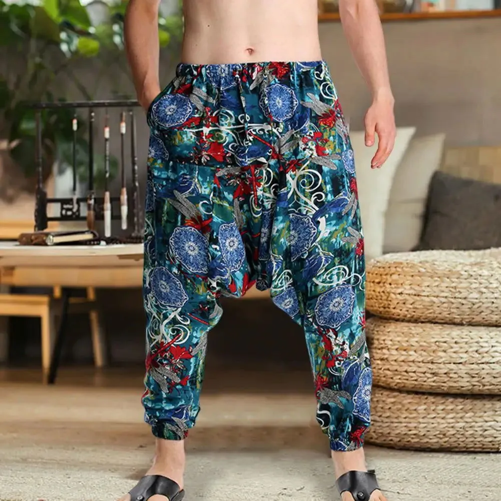 Men Baggy Boho Gypsy Cargo Pants Fashion Print Large Crotch Ankle Tied Streetwear Bottoms Trousers Boho Pants