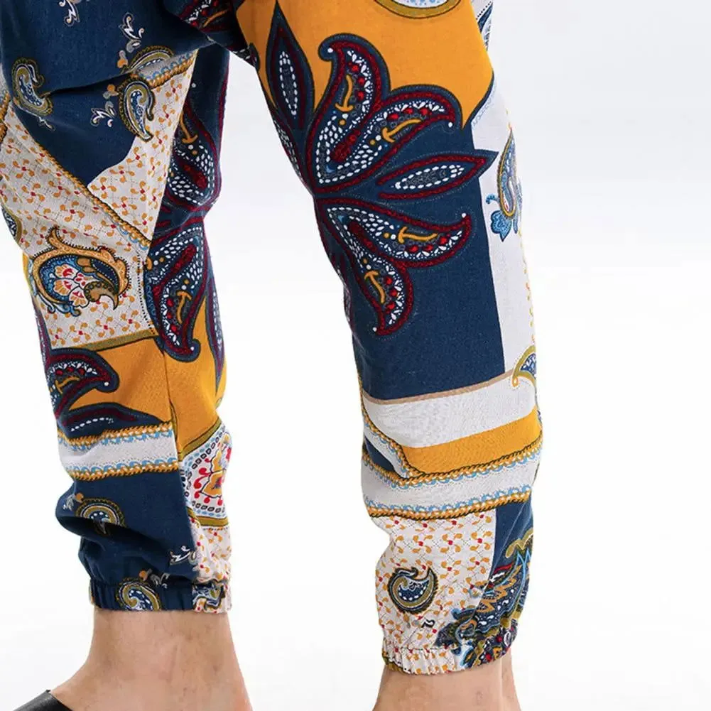 Men Baggy Boho Gypsy Cargo Pants Fashion Print Large Crotch Ankle Tied Streetwear Bottoms Trousers Boho Pants