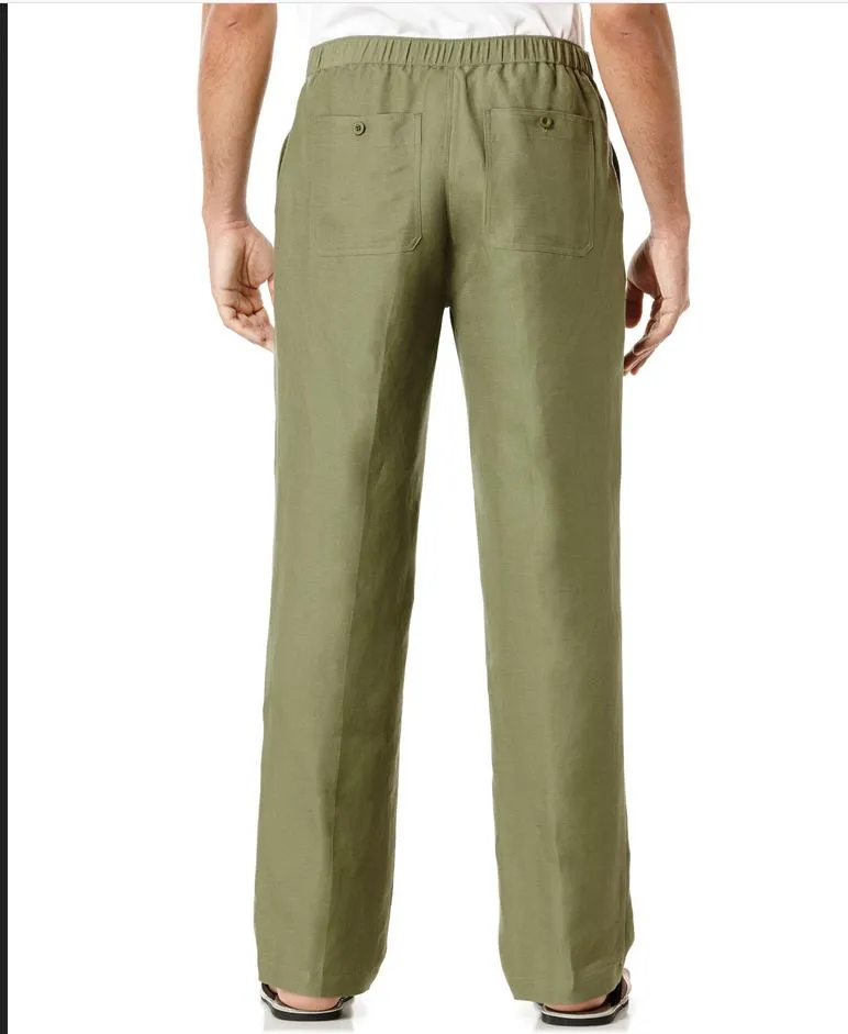 Mens Cubavera Solid Drawstring Elastic Linen Pants - C85B0063-OLIVE