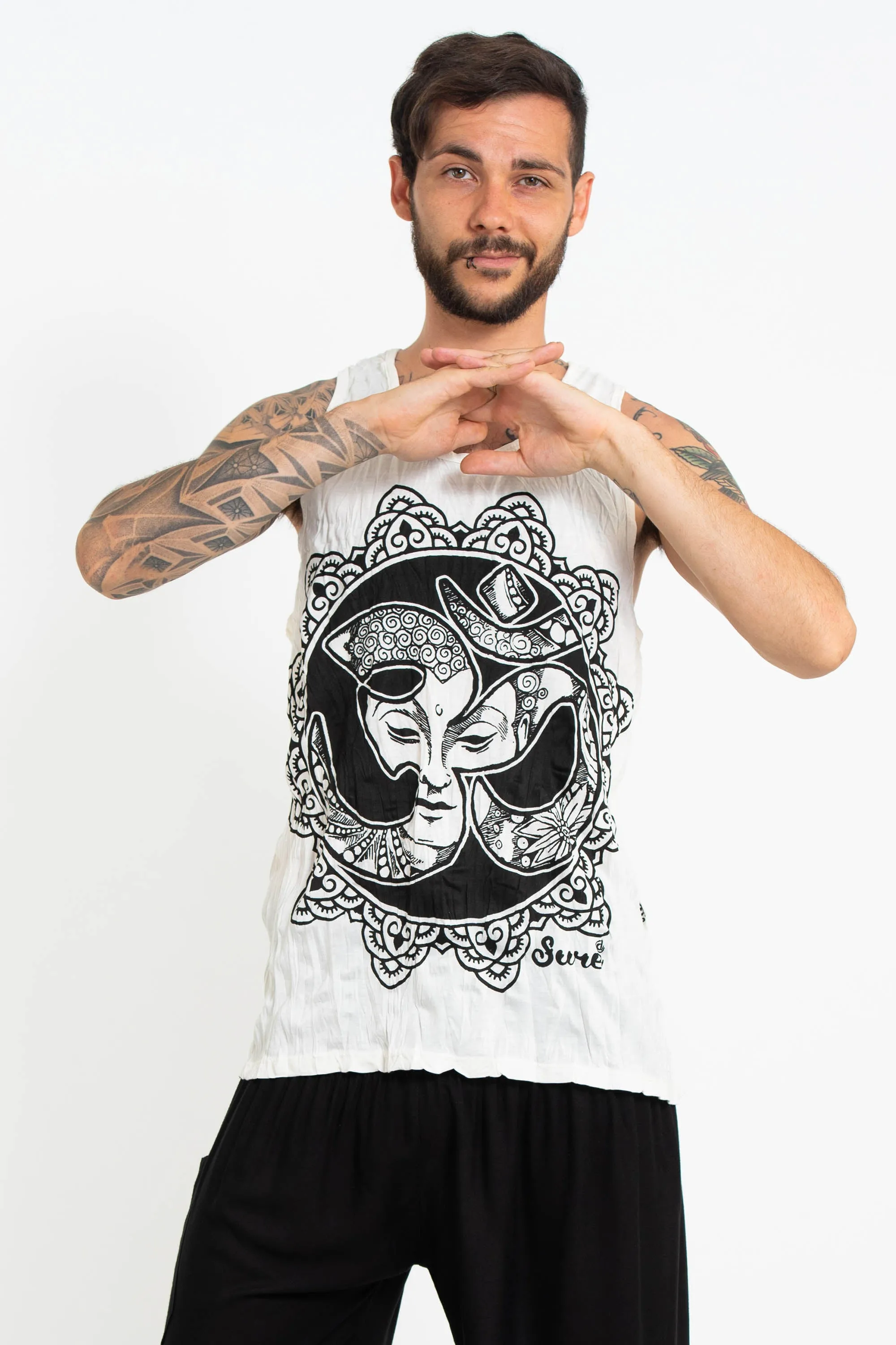 Mens Om Buddha Face Tank Top in White