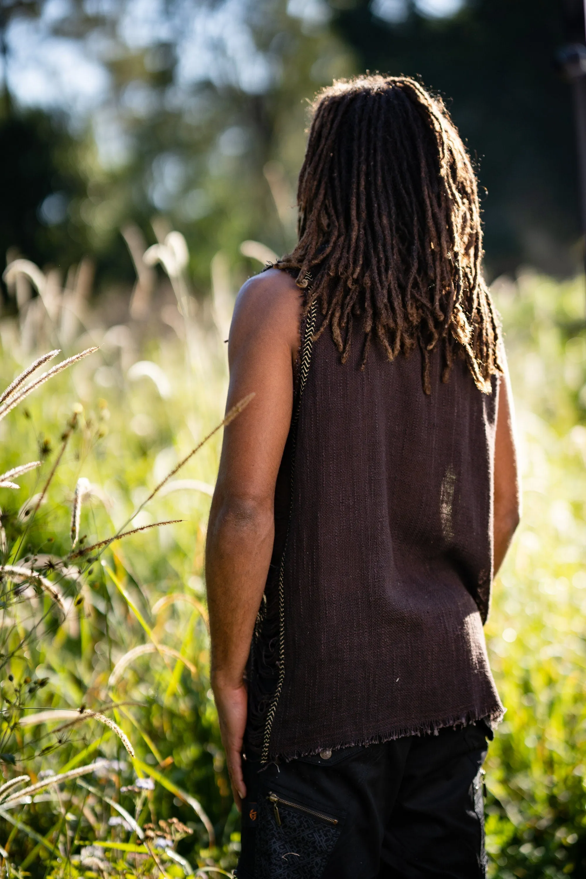 Mens Sleeveless Tank Top DHATU Cotton Shirt Slashed Open Sides Brown Semi See Through Breathable Tribal Gypsy Alternative Festival AJJAYA