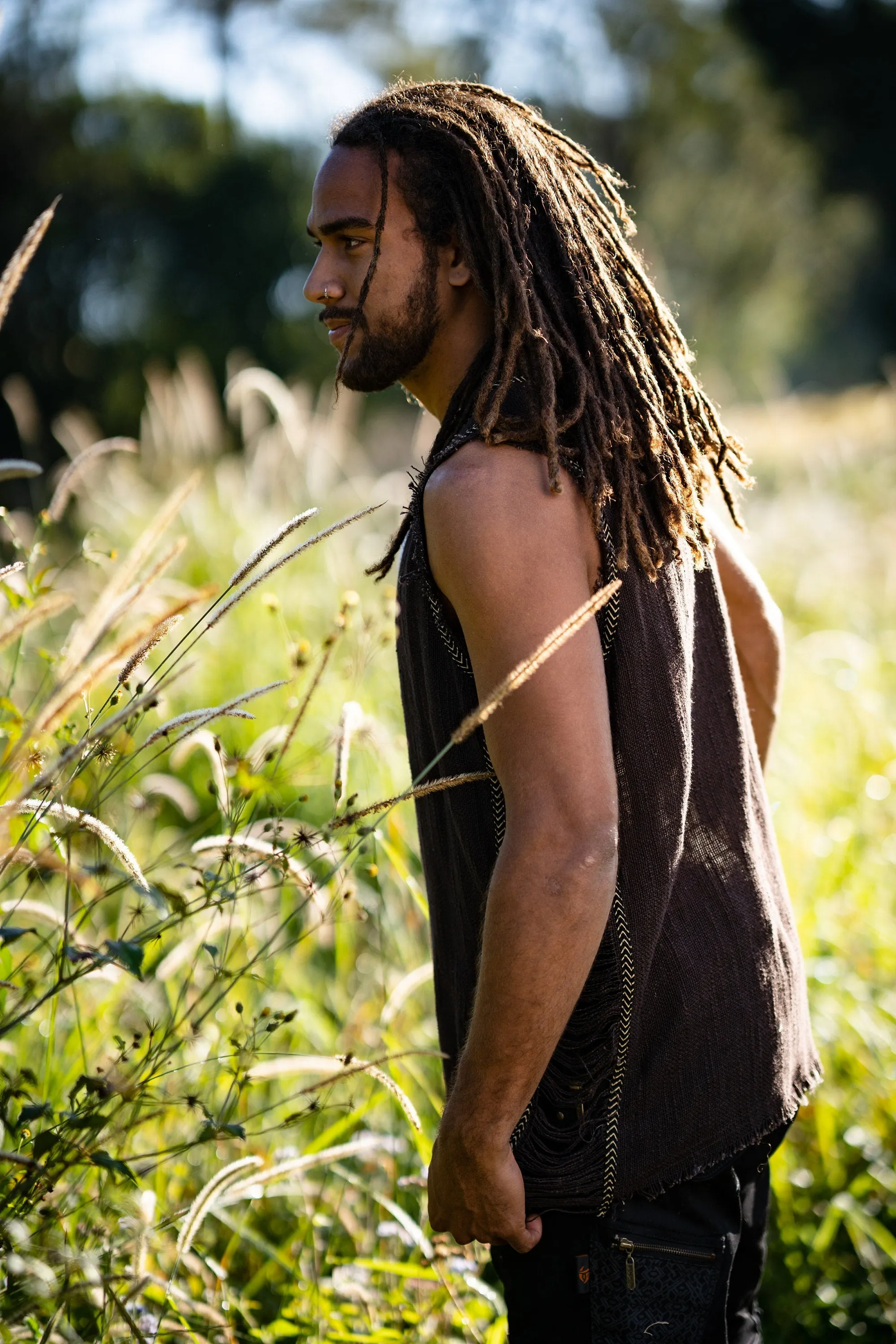 Mens Sleeveless Tank Top DHATU Cotton Shirt Slashed Open Sides Brown Semi See Through Breathable Tribal Gypsy Alternative Festival AJJAYA