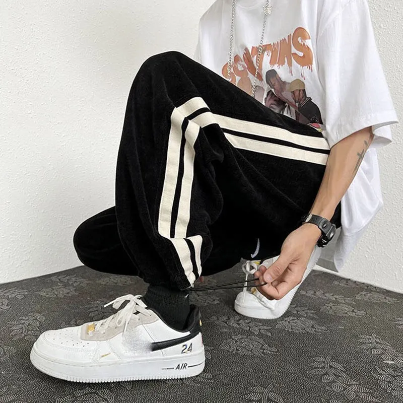 Men's Y2K Clothes Drawstring Corduroy Sweatpants Jogger High Street Trousers Hip Hop Striped Cool Baggy New Pants Korean Style