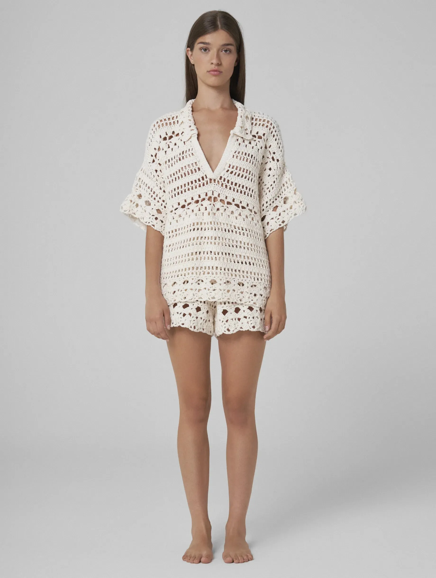 MIA Hand-crochet polo top ecru