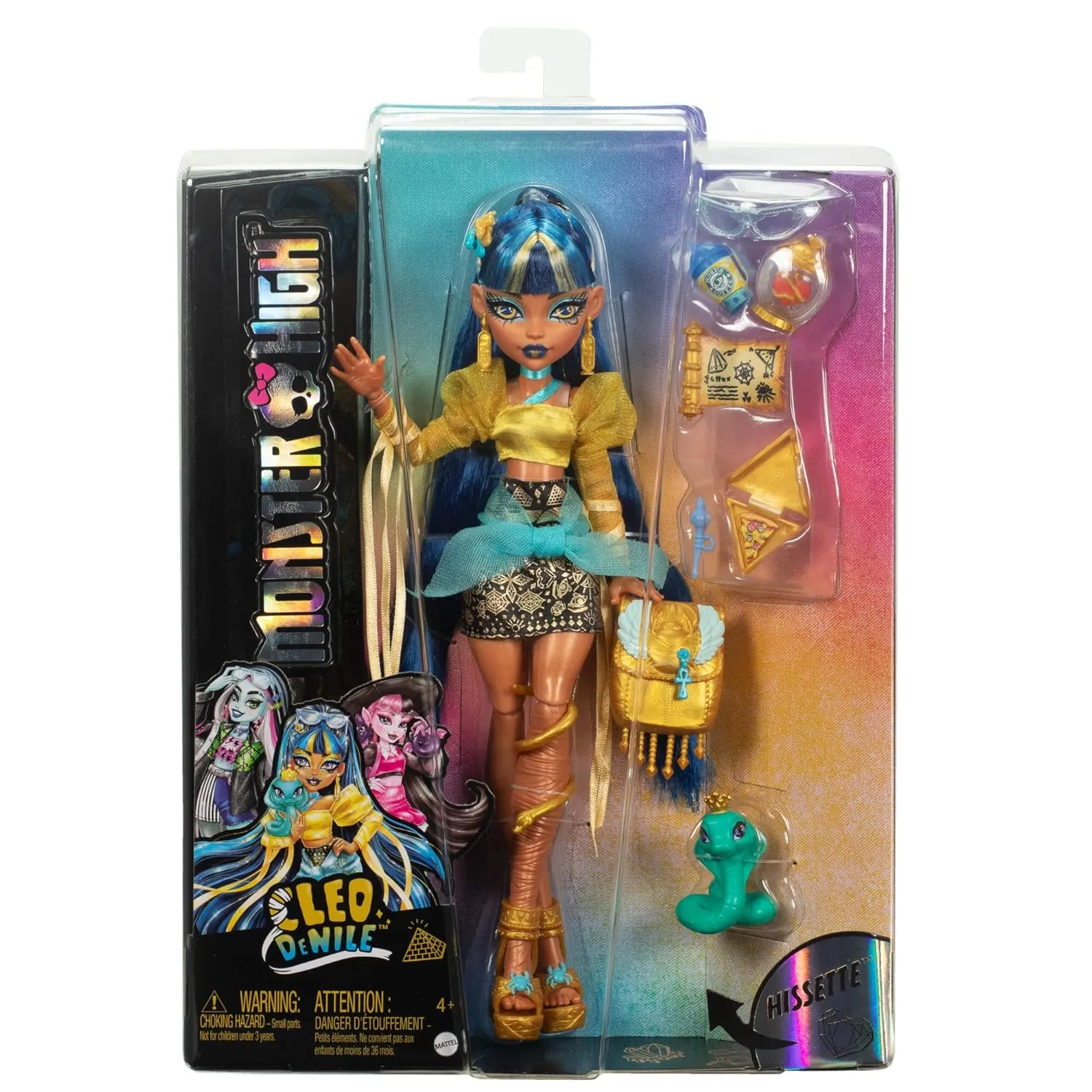 Monster High Cleo De Nile Doll in Golden Blouse and Layered Skirt, includes Pet Cobra Hissette and Accessories like a Backpack, Snack and Scroll