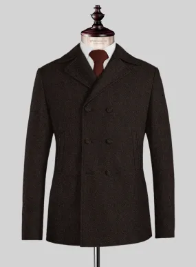 Naples Wide Herringbone Dark Brown Tweed Pea Coat