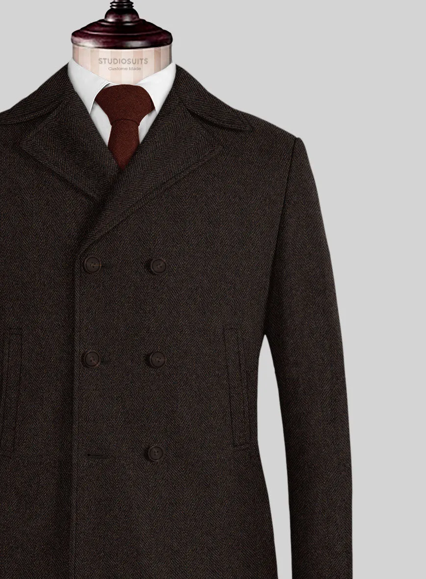 Naples Wide Herringbone Dark Brown Tweed Pea Coat