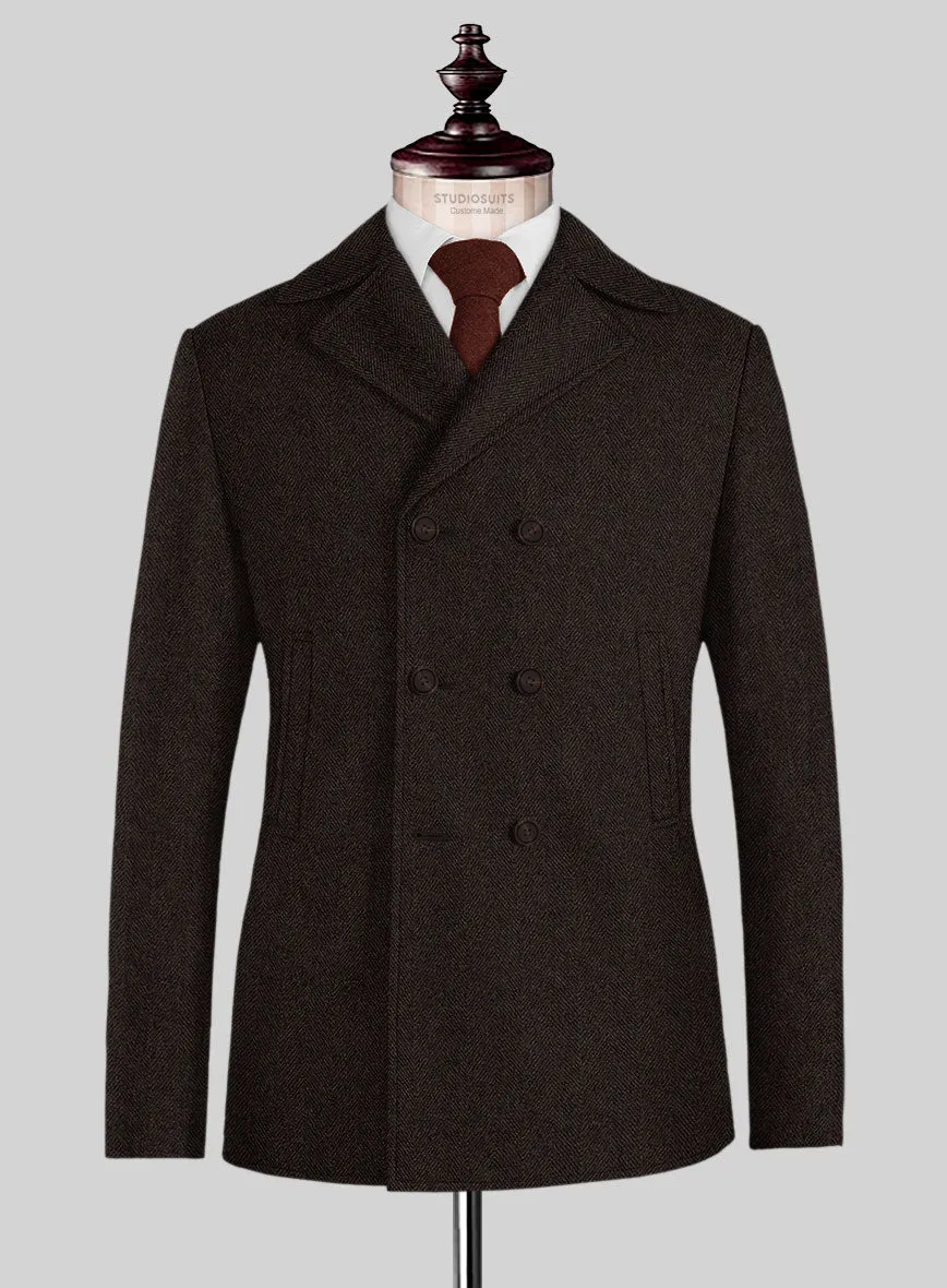 Naples Wide Herringbone Dark Brown Tweed Pea Coat