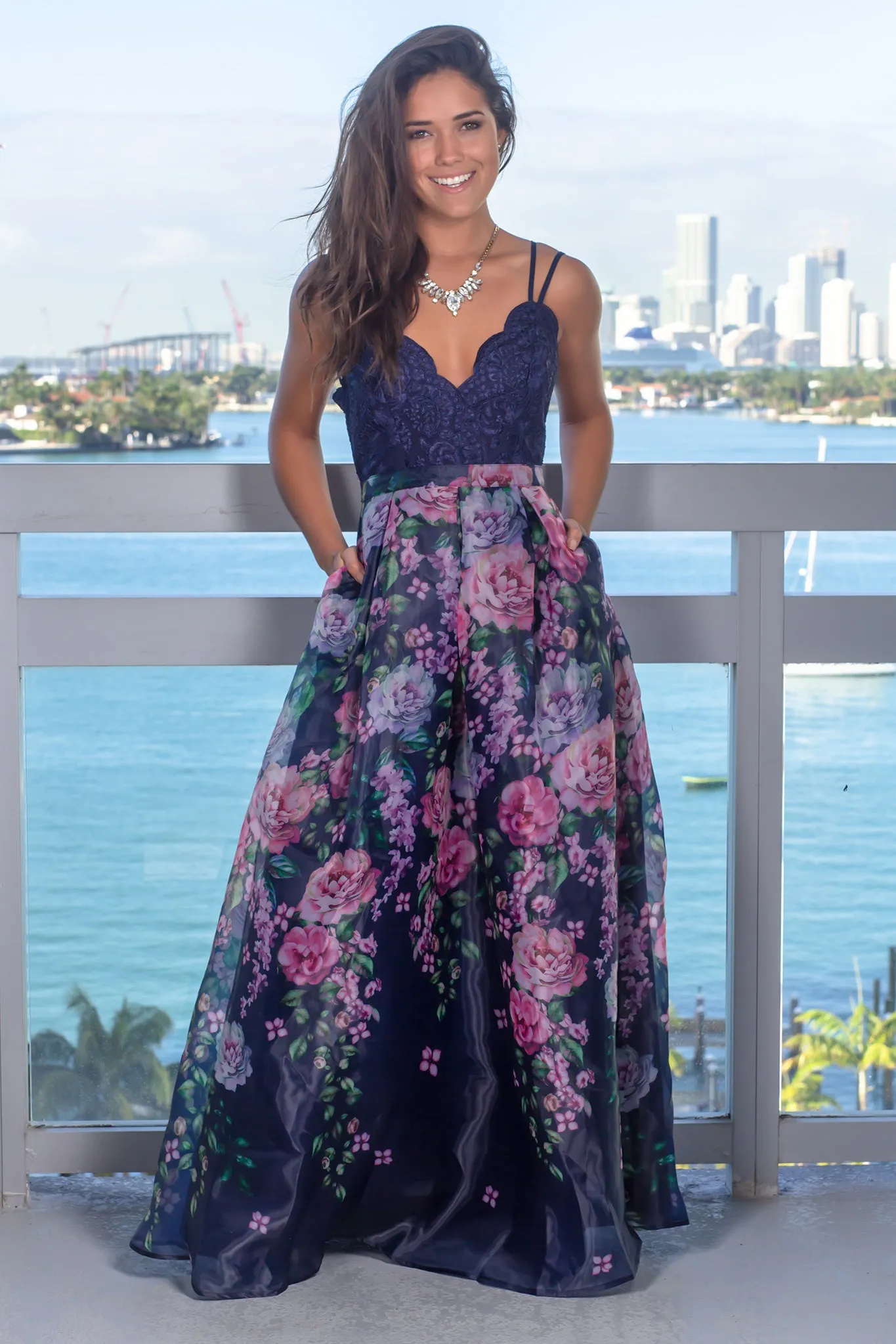 Navy Floral Maxi Dress with Embroidered Top