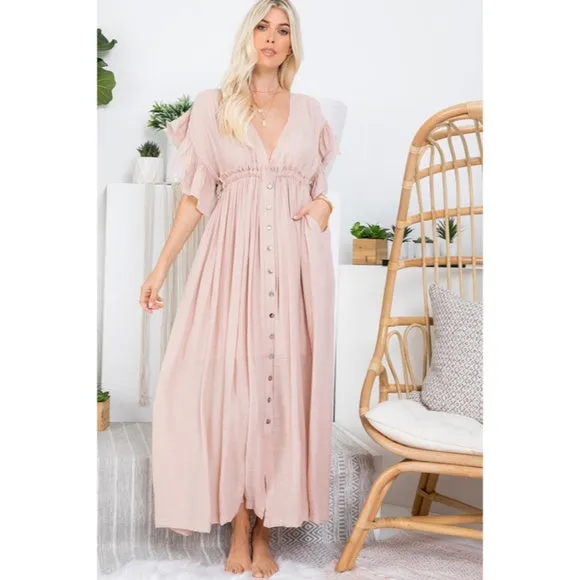 Nude Blush Gauze Boho Button Short Slv Deep V Woven Gathered Maxi Coverup Dress