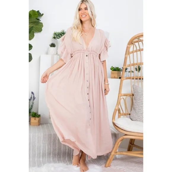 Nude Blush Gauze Boho Button Short Slv Deep V Woven Gathered Maxi Coverup Dress