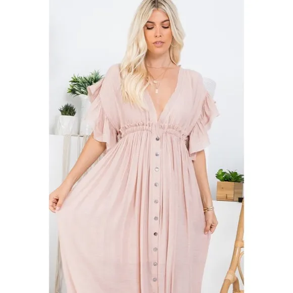 Nude Blush Gauze Boho Button Short Slv Deep V Woven Gathered Maxi Coverup Dress