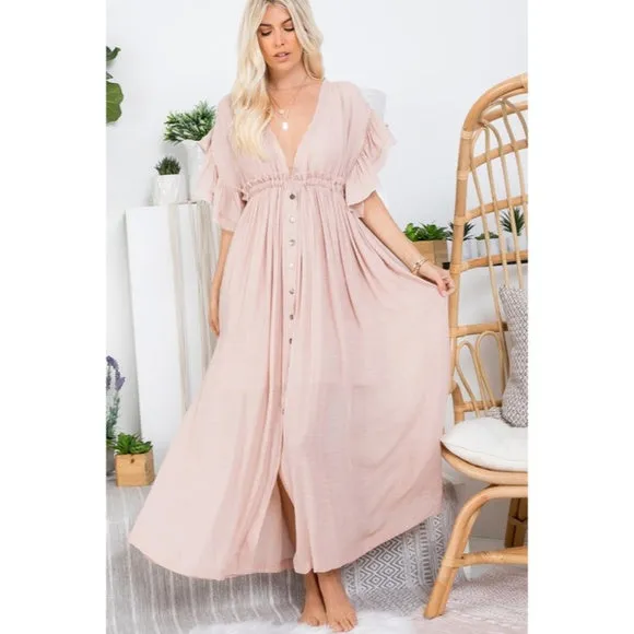 Nude Blush Gauze Boho Button Short Slv Deep V Woven Gathered Maxi Coverup Dress