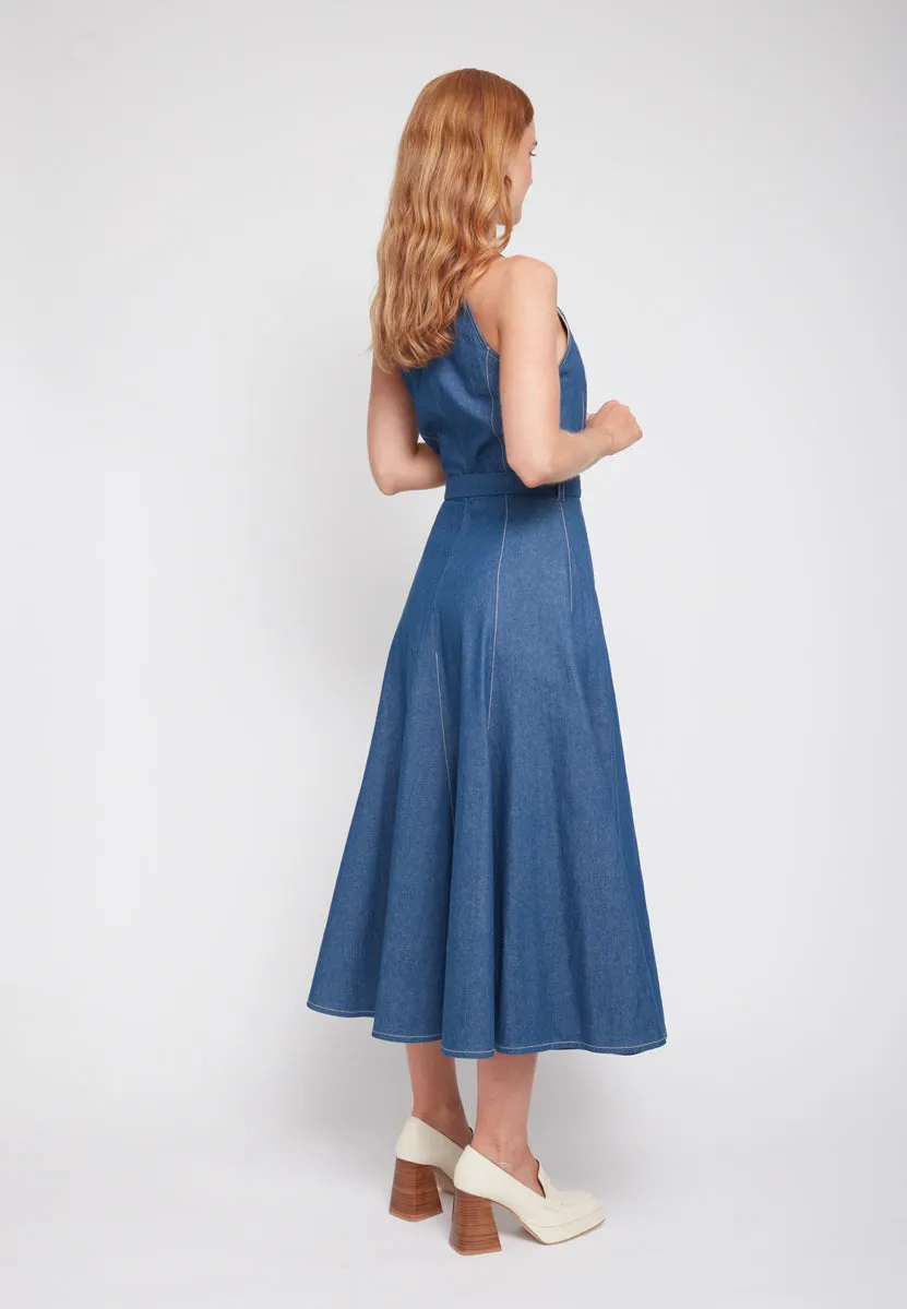 ODE classy blue denim godet midi dress