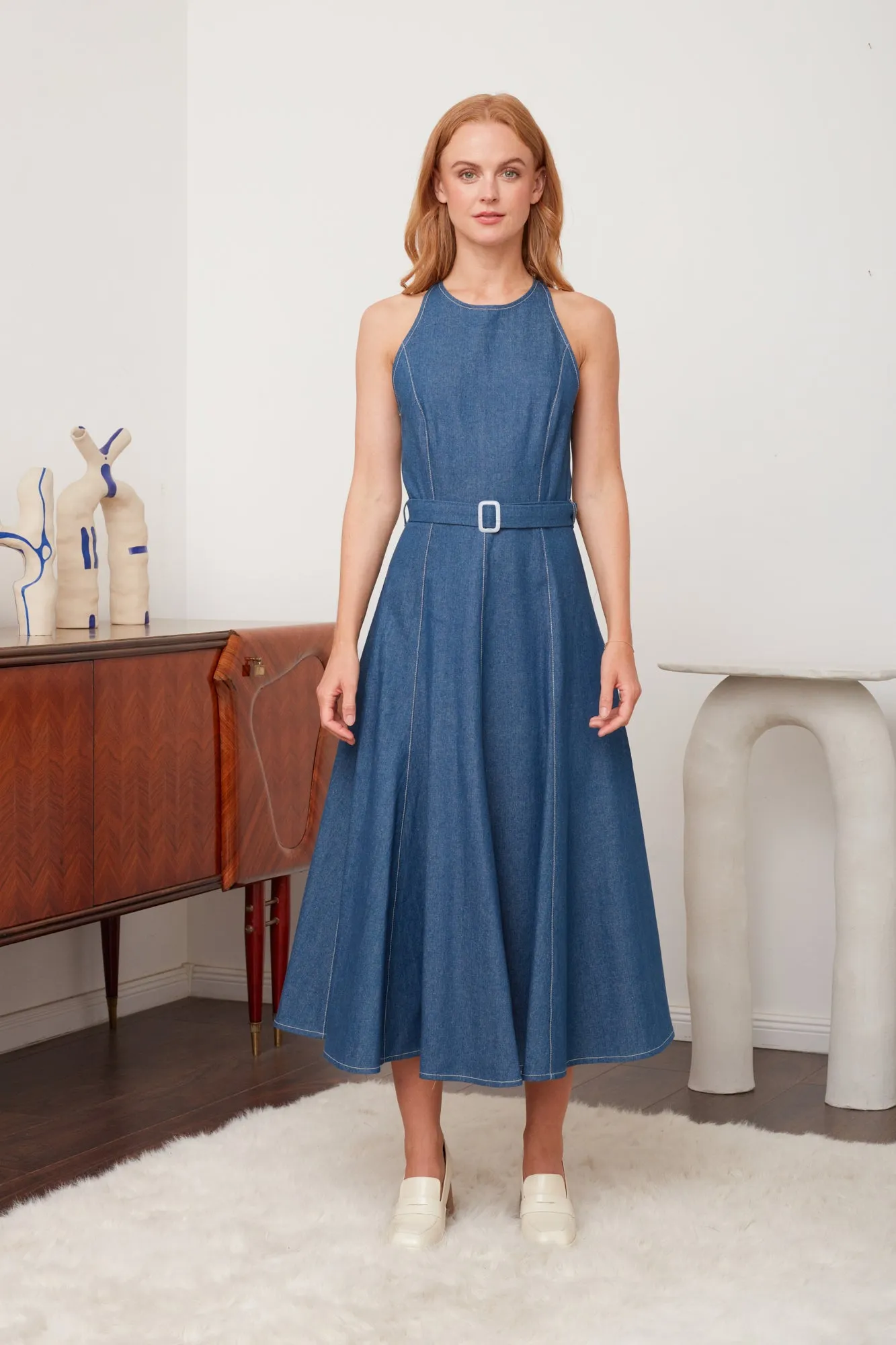 ODE classy blue denim godet midi dress