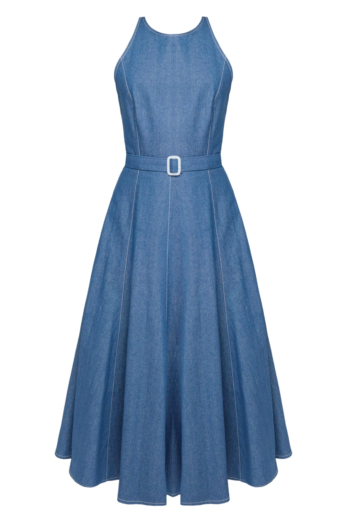 ODE classy blue denim godet midi dress