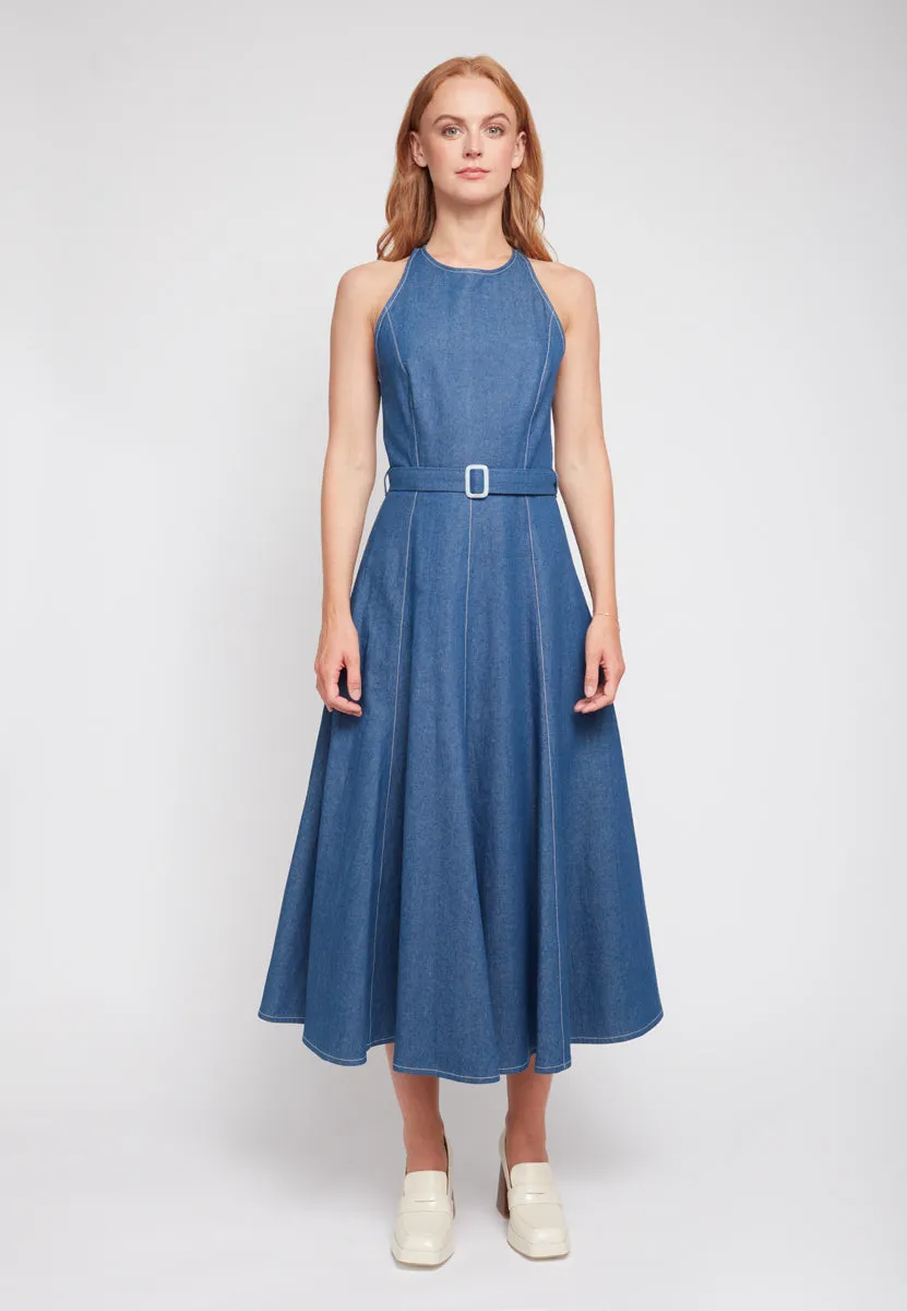 ODE classy blue denim godet midi dress