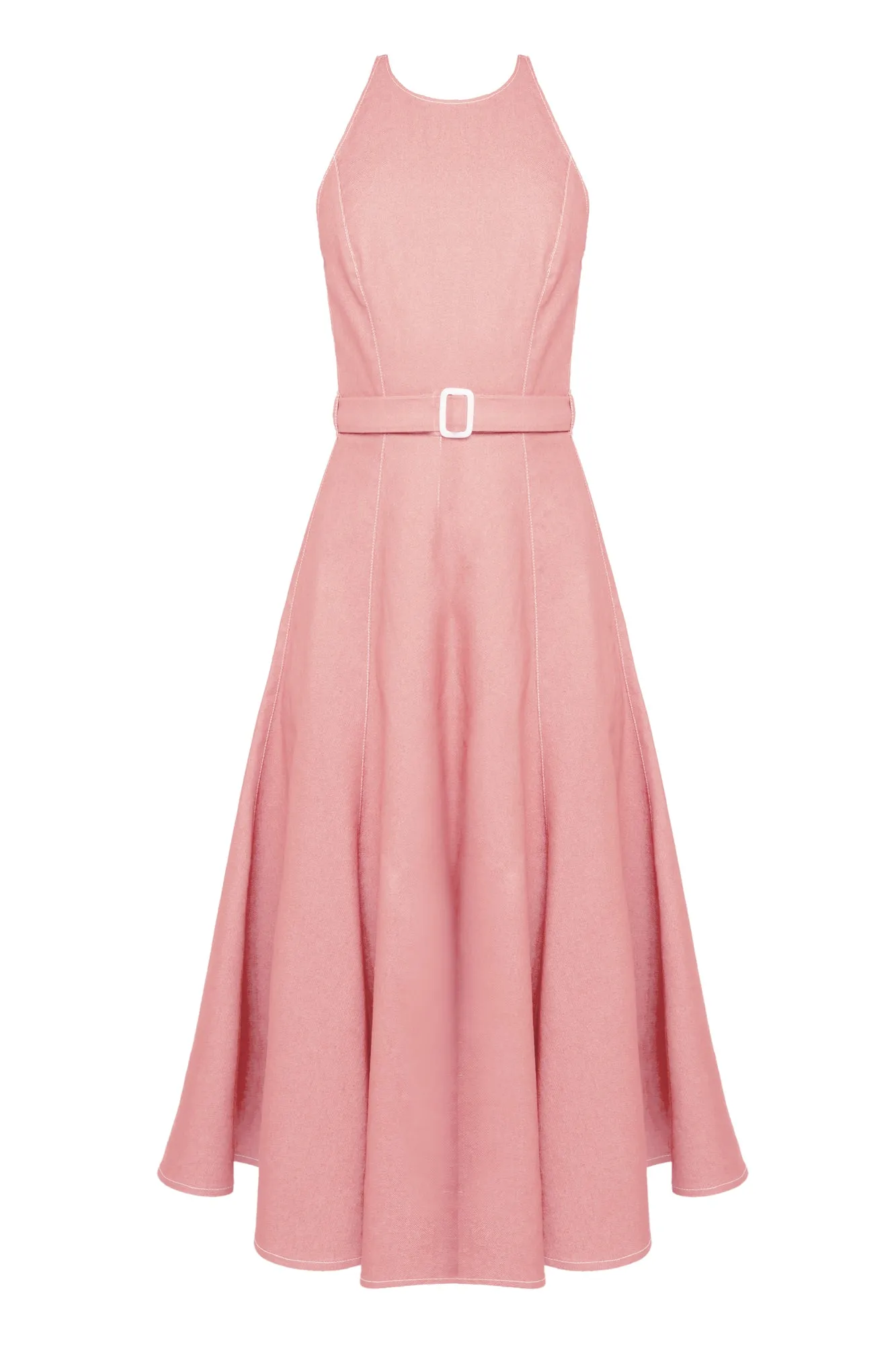 ODE pastel pink denim midi dress with godet skirt