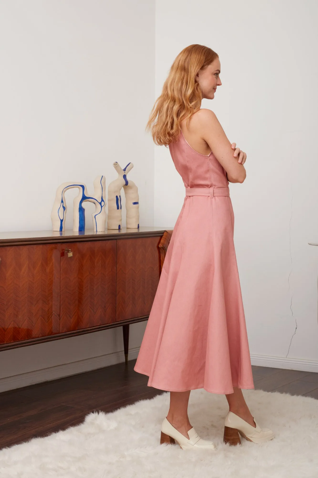 ODE pastel pink denim midi dress with godet skirt