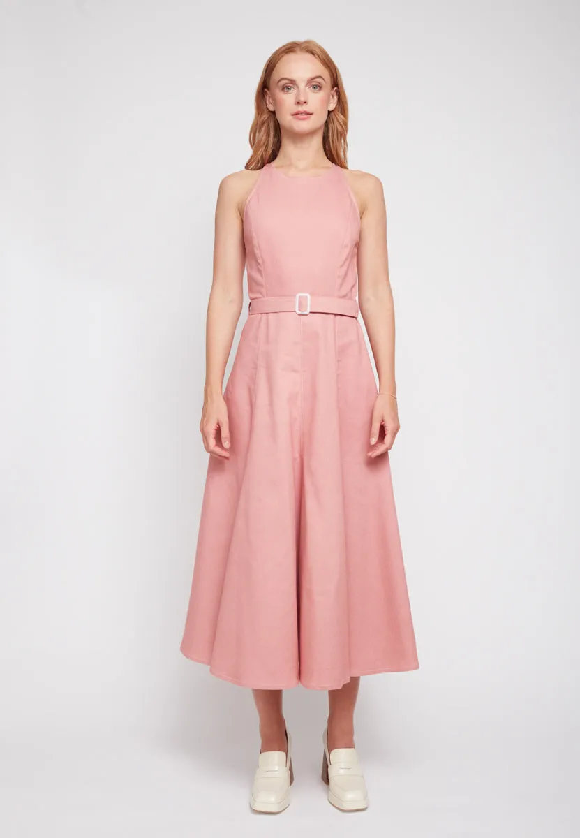 ODE pastel pink denim midi dress with godet skirt