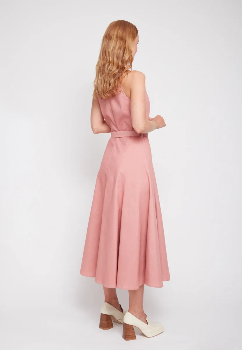 ODE pastel pink denim midi dress with godet skirt