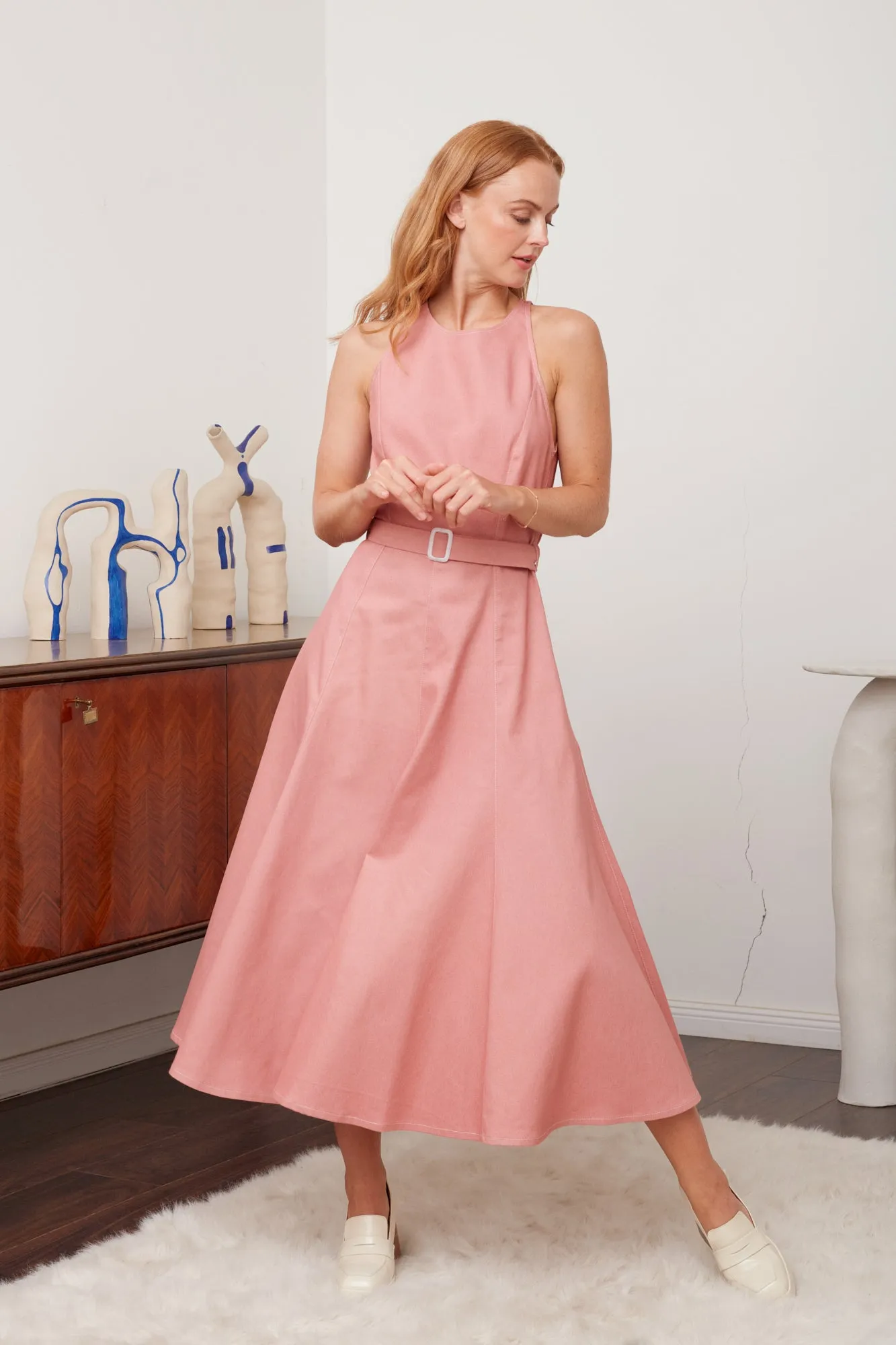 ODE pastel pink denim midi dress with godet skirt