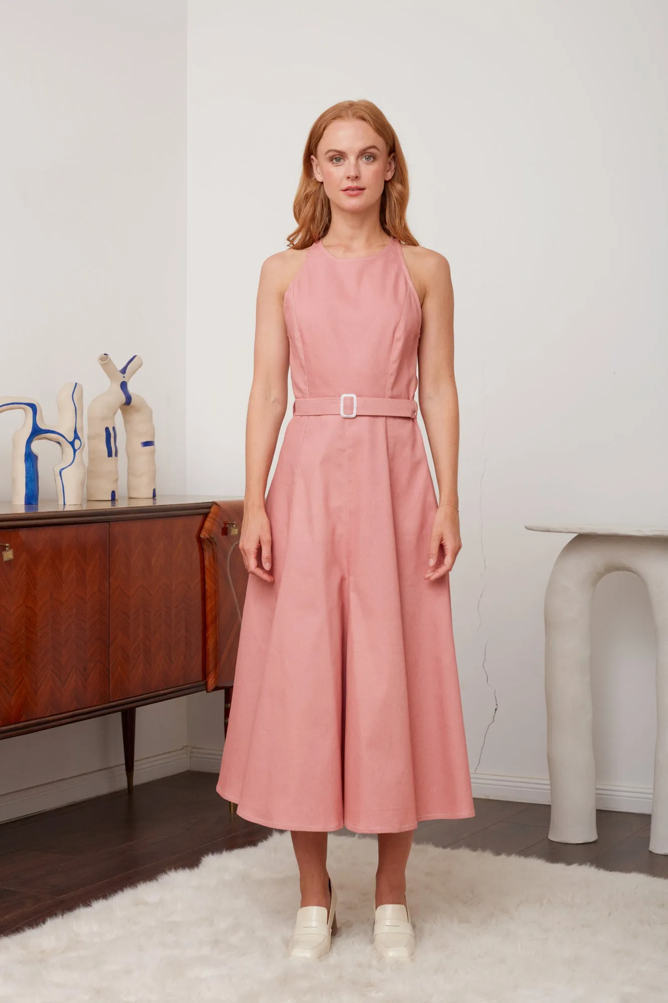 ODE pastel pink denim midi dress with godet skirt