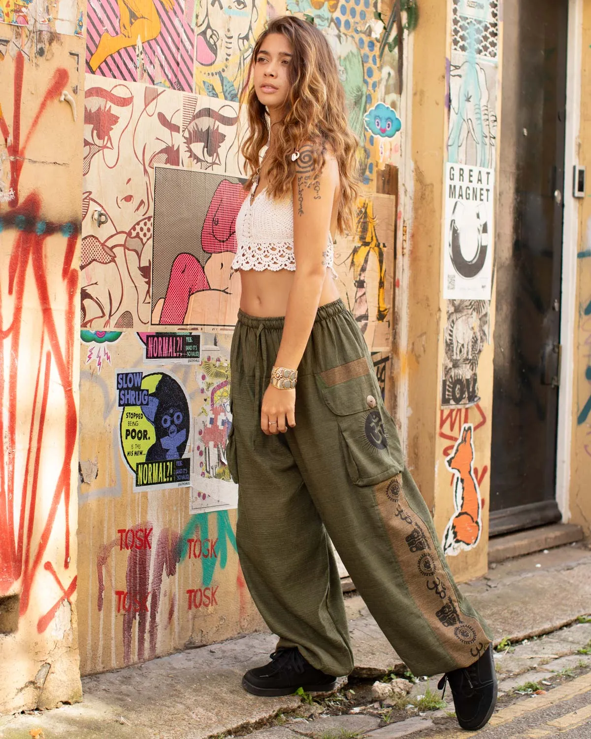 Ohm Celestial Print Parachute Harem Pants Green/Brown