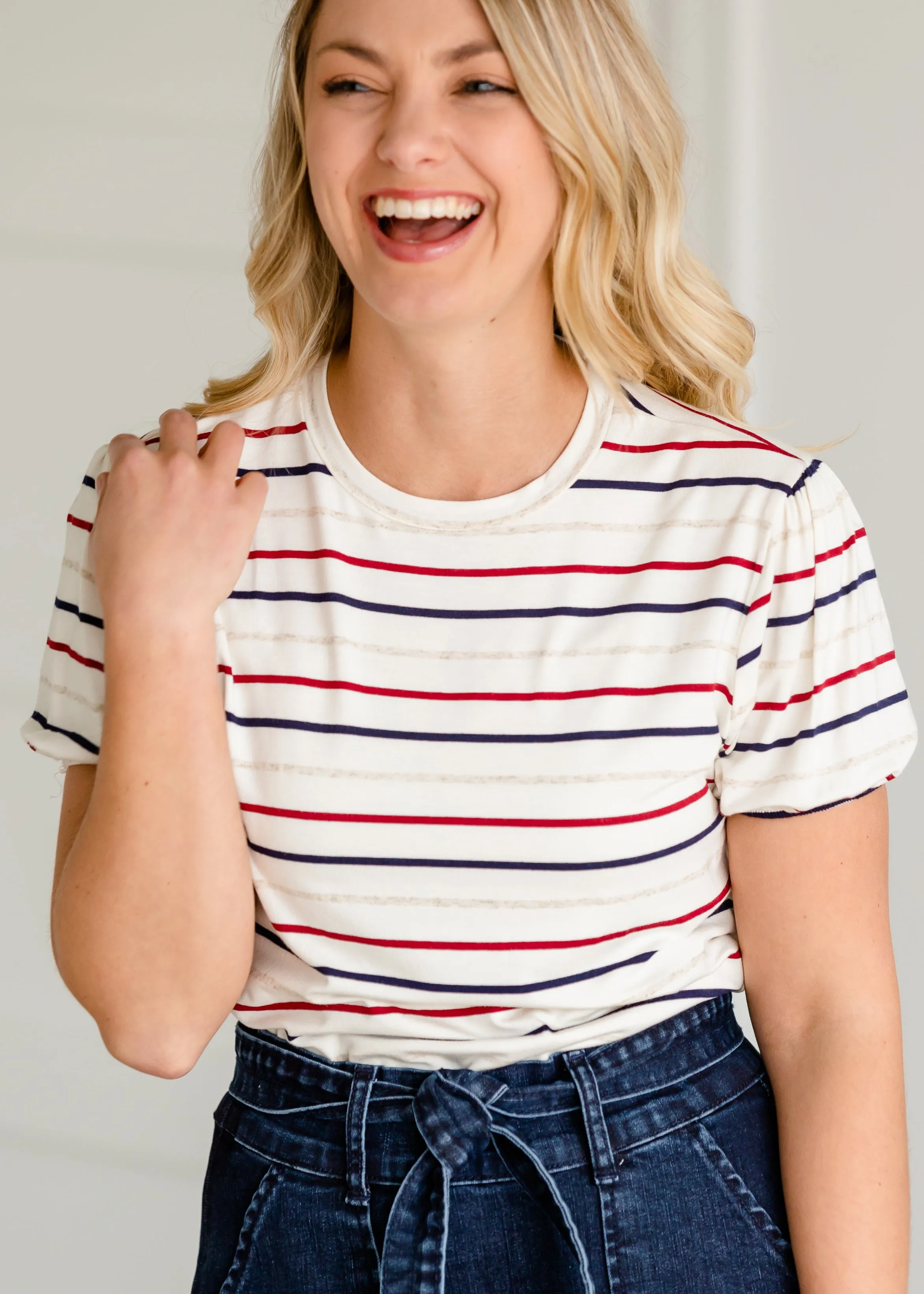 Pencil Striped Short Balloon Sleeve Tee - FINAL SALE