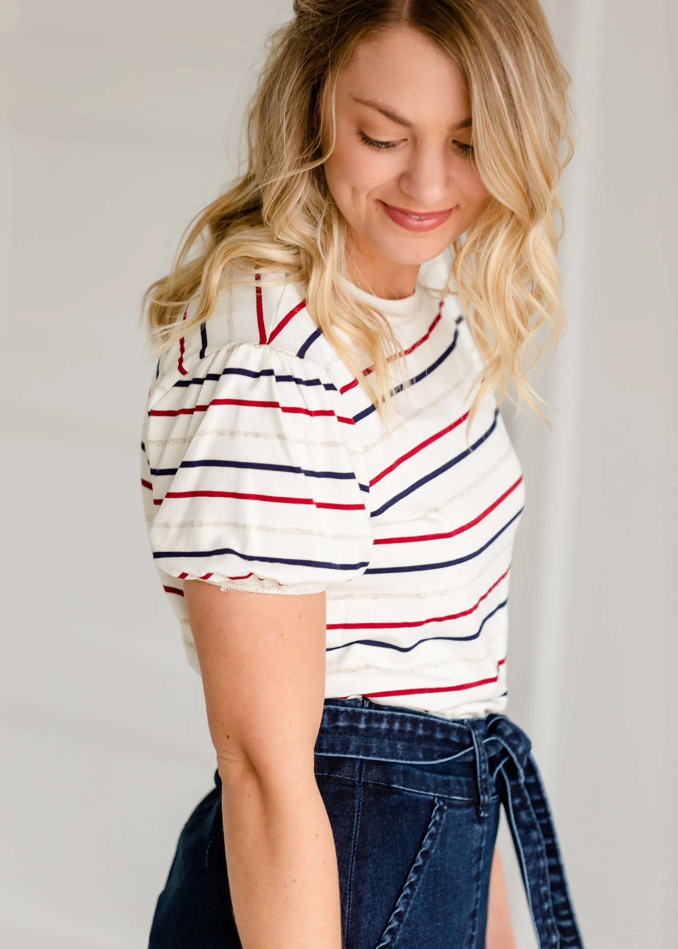 Pencil Striped Short Balloon Sleeve Tee - FINAL SALE